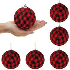 red and black plaid christmas ornament set of 6