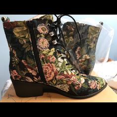 Size 9 Brand New Boots Winter Floral Print Boots, Fall Floral Print Boots With Round Toe, Casual Low Heel Lace-up Boots For Fall, Casual Fitted Lace-up Boots For Fall, Fitted Casual Lace-up Boots For Fall, Casual Winter Boots With Floral Print, Spring Ankle-high Lace-up Boots, Fitted Ankle-high Lace-up Boots For Spring, Fitted Flat Heel Boots For Spring