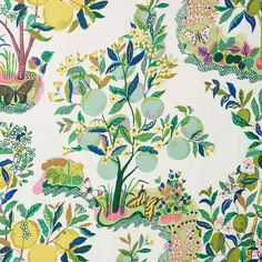 an image of a wallpaper with fruit trees and flowers on white background in the style of william & elizabeth