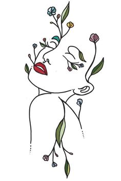 a drawing of a woman's face with flowers in her hair and eyes closed