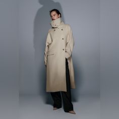 Coat Made Of Wool Blend Fabric. Wrap Collar And Long Sleeves. Flap Pockets At Front. Tonal Lined Interior. Front Button Closure. Color: Beige Outer Shell 40% Wool 30% Polyamide 30% Lyocell Lining 100% Viscose Sold Out Oversized Black Denim Jacket, Turtleneck Coat, Zara Faux Fur Coat, Zara Denim Jacket, Zara Suits, Cut Blazer, Zara Coat, Crop Jean Jacket, Fitted Coat