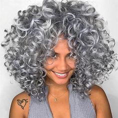 Short Curly Wigs for Black Women Soft Black Big Curly Wig with Bangs Afro Kinky Curls Heat Resistant Natural Looking Synthetic Wig for African American Women 2024 - $18.49 Afro Hair Wigs, Blond Hairs, Curly Wigs For Black Women, Curly Wig With Bangs, Curly Afro Hair, Grey Curly Hair, Beautiful Gray Hair, Gray Hair Growing Out, Short Curly Wigs