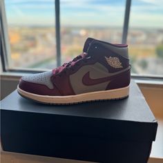 Air Jordan 1 Mid Men’s Size 9.5 Brand New In The Box Never Worn Cherrywood Red White Air Jordan Mid Shadow Red, Travis Scott Jordan 1 Low With Formal Wear, Nike Shoes Air, Shoes Air, Air Jordan 1 Mid, Jordan 1 Mid, Air Jordan 1, Men's Nike, Jordan 1