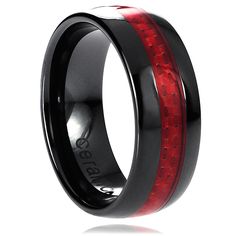 black ceramic ring with red carbon fiber inlays and beveled edges, 8mm