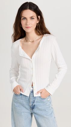 Leset Classic Cardigan | Shopbop Spring Pointelle Knit Button-up Tops, Spring Button-up Henley, Classic Long Sleeve Pointelle Knit Tops, Daywear Pointelle Knit Cardigan, Spring Button-up Henley With Buttons, Long Sleeve Cotton Top With Pointelle Knit, Cotton Pointelle Knit Cardigan, Long Sleeve Cotton Cardigan With Pointelle Knit, Spring Layering Henley