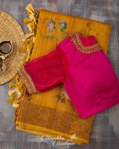 "Be a trend setter with this gorgeous light weight banarasi Tassar drape with kadwa woven butties and borders. Mustard and Pink hues to help you look different from the regular shades. Very trendy and subtle floral Printed tassar silk saree that never gets out of trend. This saree is being Paired up with contemporary style blouse with net hands. *Fall, Pico & Tassels : Done *Condition : New Saree With Stitched Blouse with Maggam work *Ready to Wear *Dry Clean Only Blouse: Pattern blouse with Bac Wedding Pre-draped Saree With Embroidered Border In Slub Silk, Gold Slub Silk Sets With Embroidered Border, Festival Pre-draped Saree With Embroidered Border In Tissue Silk, Designer Gold Sharara With Embroidered Border, Gold Handloom Dola Silk Pre-draped Saree, Dola Silk Handloom Blouse Piece For Eid, Designer Tissue Silk Sets With Zari Weaving, Handloom Dola Silk Blouse Piece For Eid, Gold Dola Silk Sets With Embroidered Border