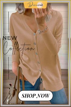 Solud Button V Neck Cardigan Fall Feeling, Fall Feels, V Neck Cardigan, Cardigan Tops, The Head, Drop Shoulder, V Neck, Women's Top