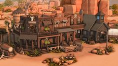 an old western town in the desert with rocks and cactuses on the ground next to it