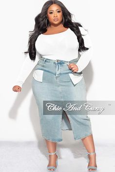 Final Sale Plus SizE Button Up Skirt with Front Slit in Light Denim – Chic And Curvy Plus Size Tube Top, Chic And Curvy, Button Up Skirts, Denim Chic, Button Up Dress, Tube Dress, Stretch Dress, Light Denim, Dark Denim