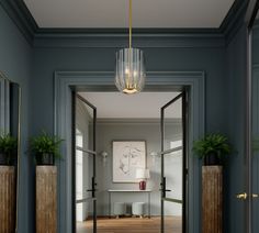 an open door leading to a hallway with potted plants on either side and a chandelier hanging from the ceiling