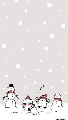 a group of snowmen standing next to each other in front of a sky filled with snow