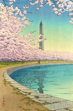 a painting of a person standing on the edge of a body of water with cherry blossom trees in the background