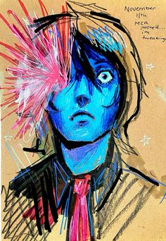 a drawing of a man with blue face and pink hair