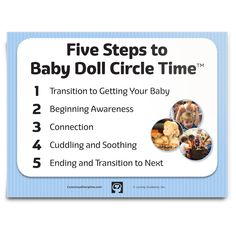 the five steps to baby doll circle time poster is shown in blue and white stripes