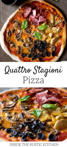 two pizzas with different toppings on them and the words, qutto stagioni pizza inside the crust kitchen