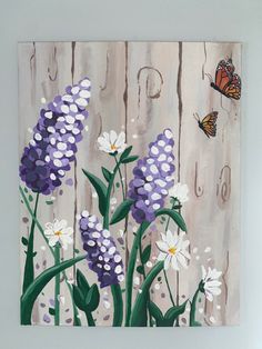 a painting of purple and white flowers in front of a wooden fence with butterflies on it