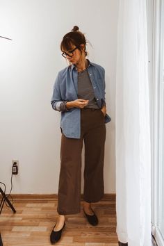 Fall Look Book Featuring Affordable Ethical Fashion - Fall Look Book, White Long Sleeve Tee, Chambray Top, Cold Weather Fashion, Brown Pants, Look Book, Clothespins, 가을 패션, Fall Fashion Trends