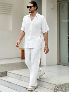 Blanco Casual Collar manga media  Liso  Embellished No-Elástico,Elástico Ligero All White Mens Outfit, Linen Outfit Men, White Two Piece Outfit, White Beach Outfit, White Linen Outfit, All White Party Outfits, White Outfit For Men, White Pants Men, Vacation Outfits Men