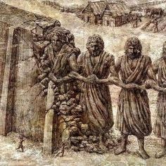 an old drawing of three men standing next to each other