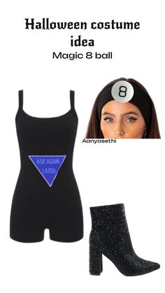 halloween costume idea magic 8 ball with black and blue bodysuit, high heeled boots