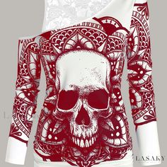 Lasaky - Womens Gothic Slim Two-Piece Set with Rose Print Tank Top and Skull Print One-Shoulder Ruched Top - Fashionable and Stylish Outfits Skull Graphic, Mandala Print, Purple Iris, Ruched Top, Cold Shoulder Long Sleeve, Print Tank Top, Skull Print, Print Tank, Printed Tank Tops