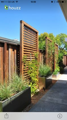 an outdoor garden area with wooden fence and plants in large planters on the side