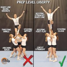 Do’s and don’ts in liberty prep stunt ⁉️ . It is really important that the flyer keeps her body line straight. Shoulder and hips need to be… Cheerleading Stunts, Cool Cheer Stunts, Cheerleading Workouts, Cheer Flyer