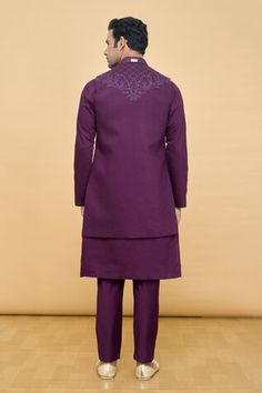 Wine longline Nehru jacket with tonal thread work and beaded embroidery. Comes with embroidered placket and bordered kurta and a pant. - Aza Fashions Embroidered Nehru Jacket With Long Sleeves For Work, Embroidered Nehru Jacket For Work With Long Sleeves, Embroidered Nehru Jacket For Work, Embroidered Bandhgala For Festive Workwear, Traditional Embroidered Outerwear For Work, Ceremonial Embroidered Nehru Jacket With Stand Collar, Ceremonial Embroidered Nehru Jacket, Semi-stitched Nehru Jacket With Intricate Embroidery, Festive Semi-stitched Embroidered Nehru Jacket