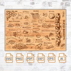 a wooden cutting board with different types of food on it and the words's names in