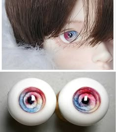 two pictures of fake eyes and one with fake hair on top of the head, in different colors