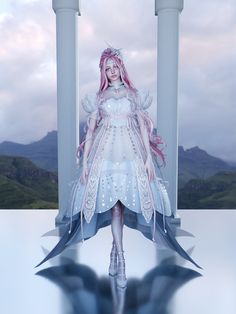 a woman dressed as a fairy with pink hair and white dress standing in front of pillars