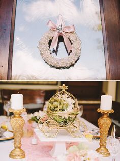 the table is decorated with gold and white decorations