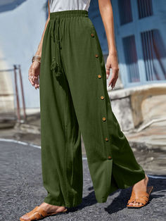 Add a bohemian flair to your wardrobe with our Earthy Tones Wide Leg Pants! These stylish pants feature a wide leg silhouette with tassel details and decorative buttons, perfect for creating a relaxed and chic look. Pair them with a crop top and sandals for a laid-back summer vibe. Features: Decorative Button, Tied Tip: Button aren't functional Sheer: Opaque Material composition: 95% polyester, 5% elastane Imported .tg {border-collapse:collapse;border-spacing:0;} .tg td{border-color:black;border Mode Casual, Bleachers, Maxi Dress Formal, Pantalon Large, Formal Evening Dresses, Earthy Tones, Hottest Trends, Denim Top, Wide Leg Trousers