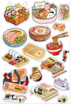 an assortment of sushi stickers on a white background