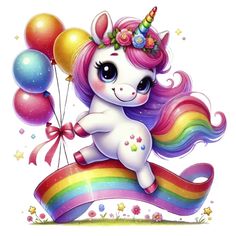 a cartoon unicorn with balloons and a bow on it's head sitting on top of a rainbow