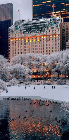 people are walking around in the snow near a pond and buildings with lights on them