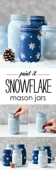 snowflake mason jars with text overlay that reads paint is snowflake mason jars