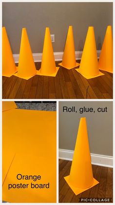 the orange poster board has been placed on the floor to make it look like cones