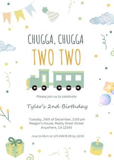 a birthday party card with a train theme