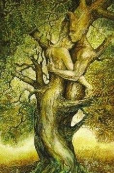 a painting of two people hugging in the middle of a tree