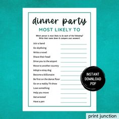 the dinner party most likely to printable game is shown on a teal background