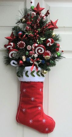 a christmas stocking hanging on the front door