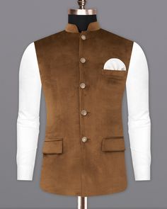 Everything feels good when you wear the best outfit. Boost your confidence and impress everyone around you by donning this fantastic solid brown Nehru jacket from French Crown. Peak lapels, double-breasted closure, and two flap pockets are some of its outstanding features. The fabric feels smooth on the skin. Layer it over a light-coloured shirt, a matching tie, and oxford shoes and you are good to go. In addition to being constructed from Imported Superior Fabrics, French crown Nehru jackets ar Mens Nehru Jacket With Kurta, Half Jacket For Men, Pant Shirt With Nehru Jacket, Nehru Jacket For Men Formal, Mens Semi Formal Outfit, Suit For Men Wedding, Nehru Jacket For Men, Waistcoat Designs, Vest Design