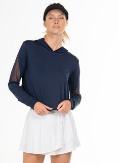 For the sporty woman that loves a shorter fitting hoodie. This fun midnight throw over has mesh racing stripe paneling around the sleeves and hood in our lightweight performance jersey. Bound to be your new favorite hoodie. Love Store, Tennis Shop, Lady L, Throw Over, Racing Stripes, Dress Gift, Long Sleeves Jacket, Dresses With Leggings, Girls Shopping