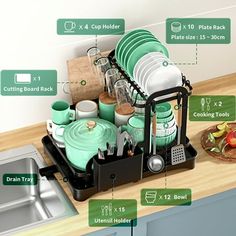 the dish rack is filled with dishes and cooking utensils, which are labeled