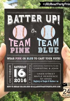 someone is holding up a baseball bat themed birthday party card that says batter up and team blue