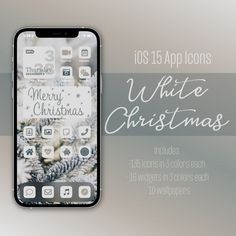 an iphone with the text white christmas on it, surrounded by snowflakes and pine cones