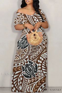 Lasaky - Boho Luxe Off Shoulder Short Sleeve Tunic Dress Casual Brown Maxi Dress For The Beach, Casual Brown Maxi Dress For Vacation, Casual Brown Dress For Vacation, Casual Brown Vacation Dress, Fitted Maxi Dress, Off Shoulder Maxi Dress, Maxi Tops, Graphic Tee Dress, Bohemian Print