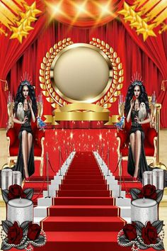 a red carpeted stage with two women sitting on it