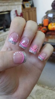 Love my breast cancer nails I had done today! Breastcancerawareness Nail Ideas, Pink Breast Awareness Nails, October Breast Awareness Month Nails, Alzheimer’s Awareness Nails, Pink Ribbon Nails, Breastcancerawareness Nail, October Nails, Seasonal Nails, Casual Nails